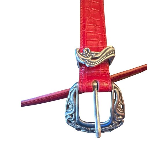 Coldwater Creek Red Leather Embossed Belt Silver-Tone Buckle Western Style Small - Picture 3 of 5